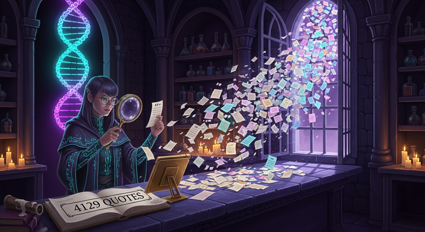 Dark-magic illustration of an archmage examining a storm of glowing quote scraps through a brass lens against a golden reference tablet, beside a ledger labeled 4129 quotes