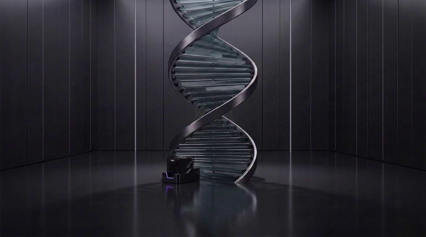 A vault wall bearing a large matte DNA strand relief of dark metal and glass cartridges, an agent module docked beneath it
