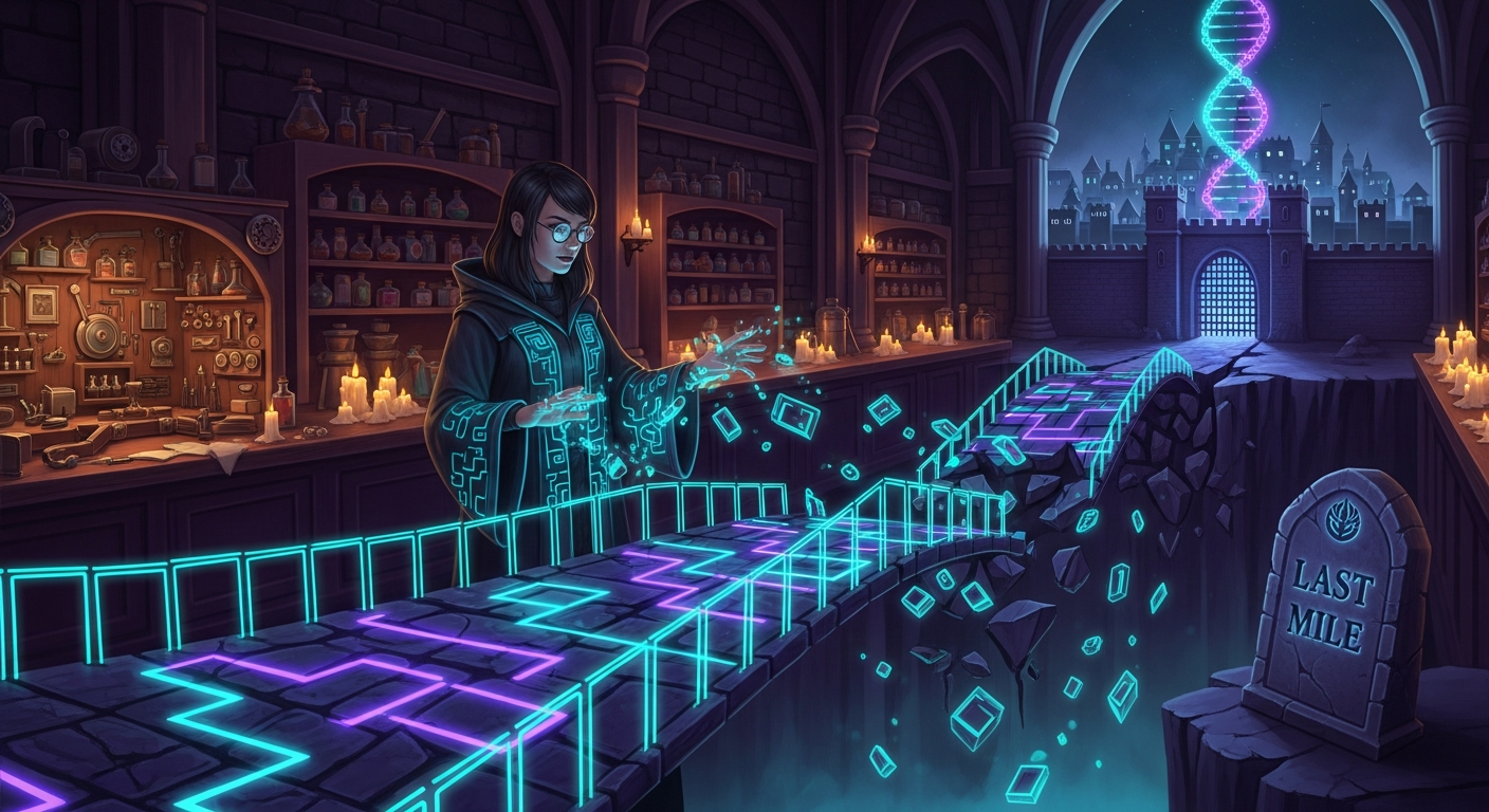 Dark-magic illustration of a glowing trace road breaking at a chasm before a city gate while the archmage lays a bridge of trace segments across the last mile