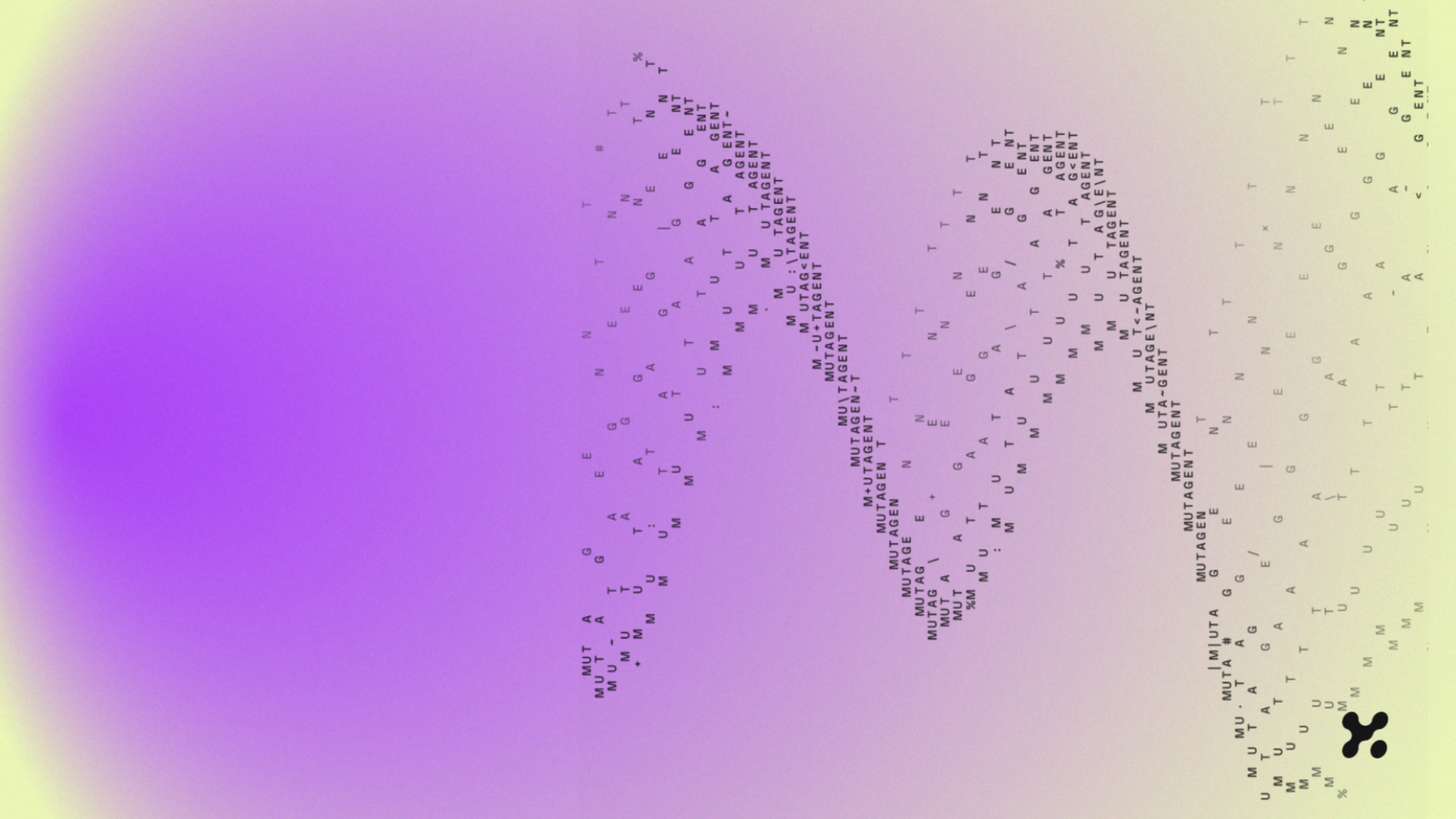 A violet and lime gradient with ASCII letters forming a wave across it, plus the Mutagent logo mark in the corner