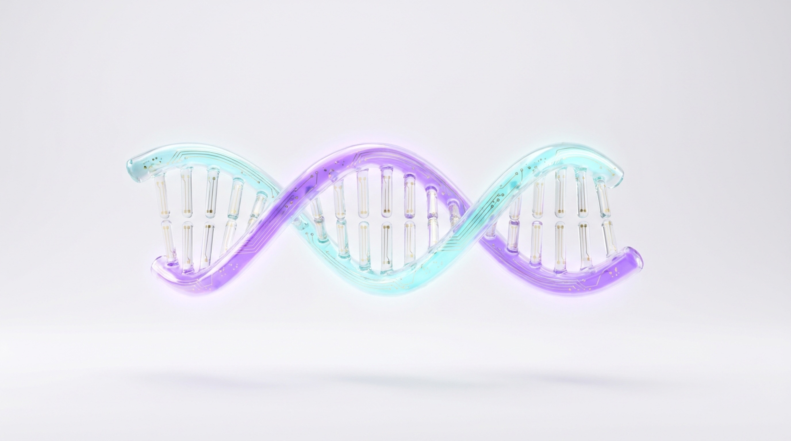 A translucent glass DNA helix on a bright white studio frame, one strand glowing purple and the other cyan, circuit traces suspended inside the glass