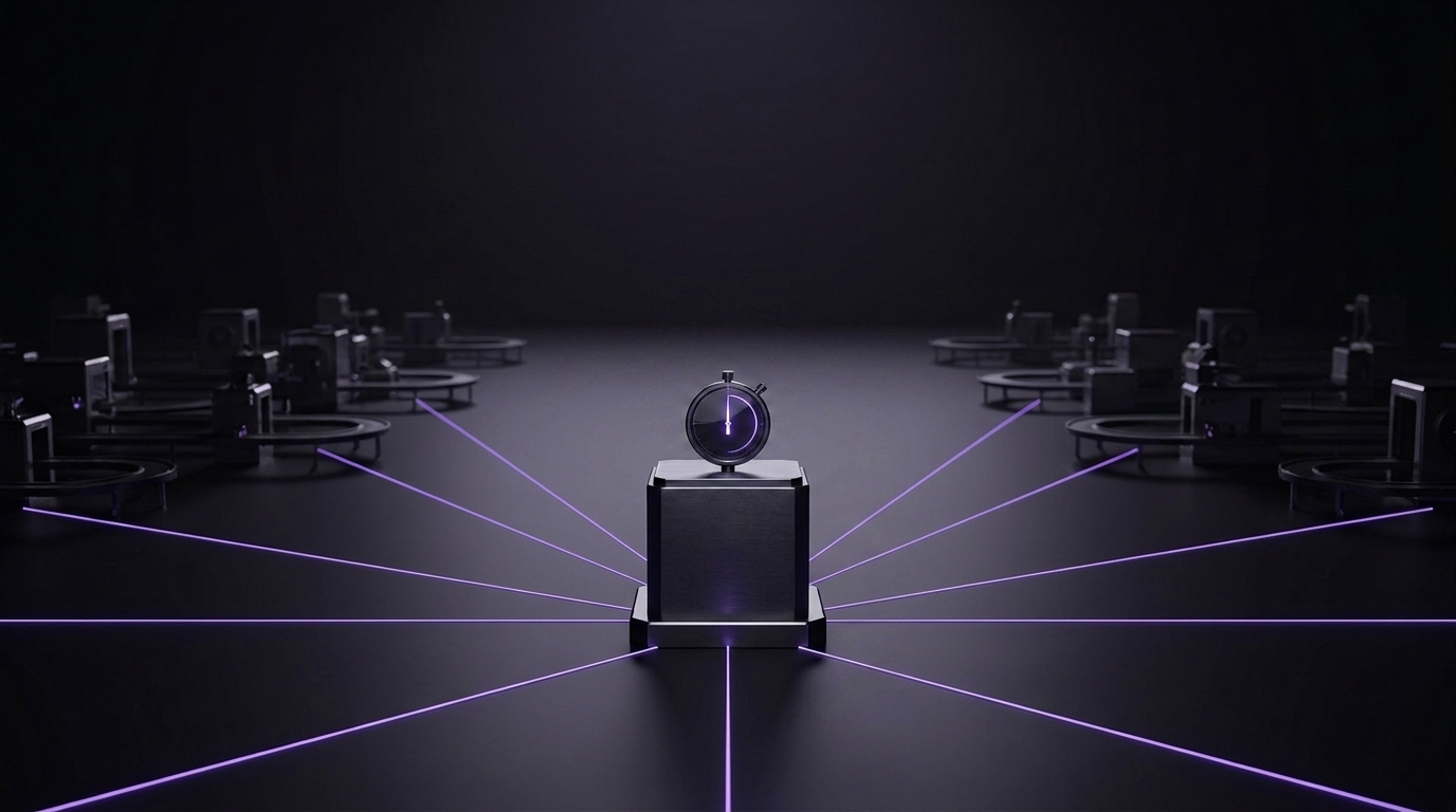 A calibration hall where a single precision dial drives thin violet feed lines across the floor, an independent verification station watching it