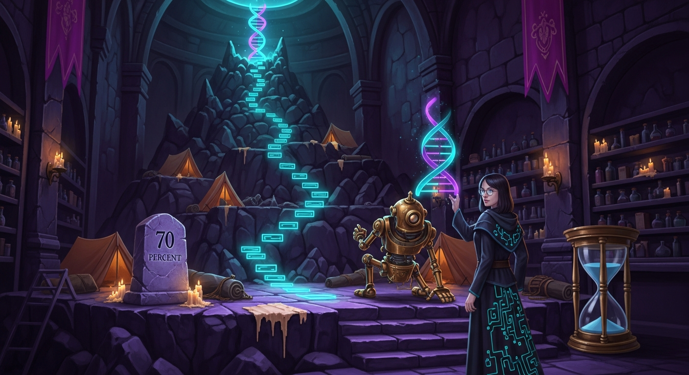 Dark-magic illustration of an automaton climber stalled on a ledge marked 70 percent while the archmage builds a glowing stairway of traces beside a giant hourglass