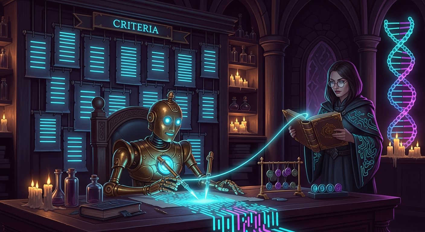 Dark-magic illustration of an automaton scribe turning a river of traces into a wall of glowing scrolls under a criteria header, anchored by a light beam from the archmage's golden tome