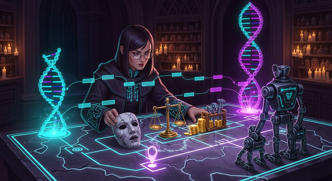 Dark-magic illustration of an archmage moving four strategy pieces, a cracked mask, a coin balance, a tool rack, and a split automaton, across a glowing pipeline map