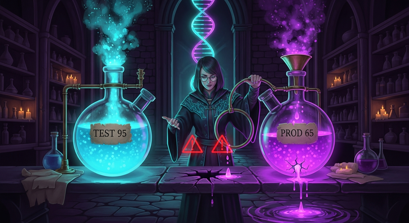 Dark-magic illustration of a full flask labeled test 95 beside a leaking flask labeled prod 65 while the archmage funnels the leaked droplets back into the loop