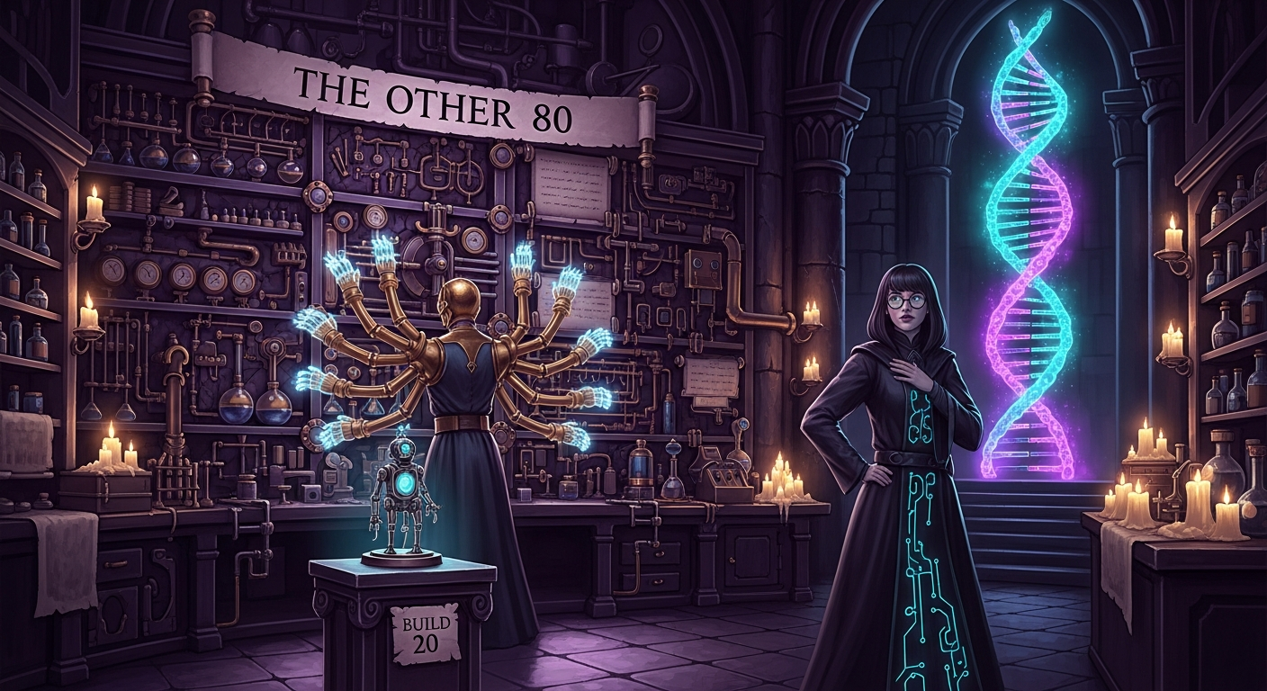 Dark-magic illustration of a small finished automaton labeled build 20 in front of a vast wall of upkeep stations labeled the other 80, tended by a many-armed automaton