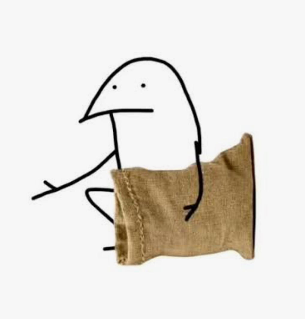 A deadpan meme character holding an open sack, beckoning you over